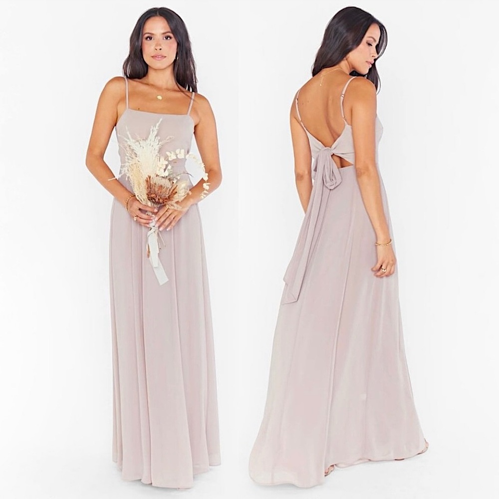 Show Me Your Mumu Lauren Tie Back Chiffon Bridesmaid Maxi Dress in Soft Beige